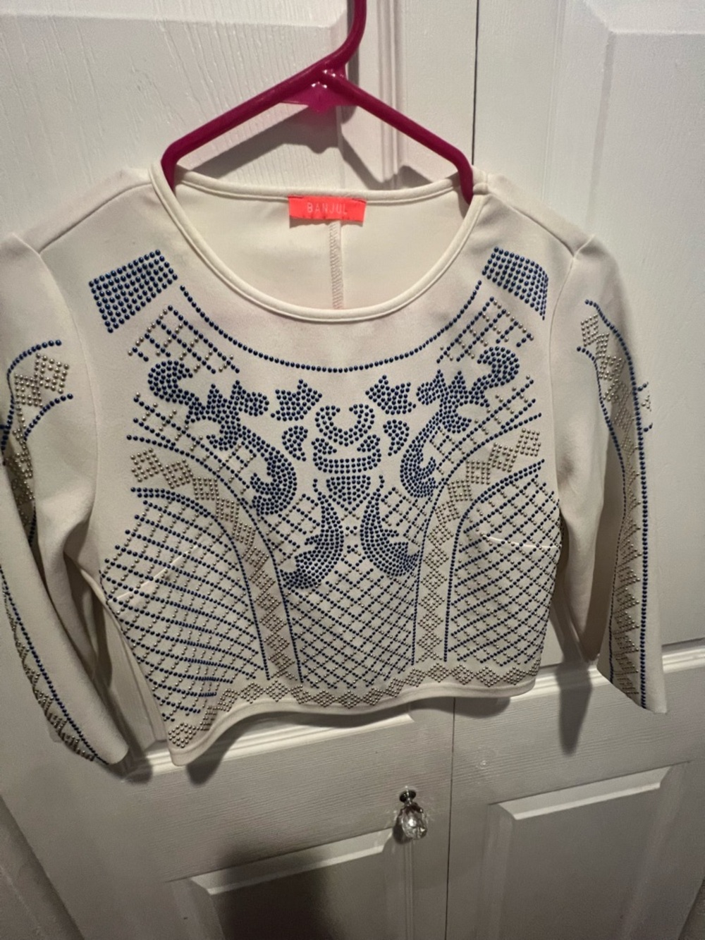 Banjul Cream Long-Sleeve Top with Blue and Gold Studs